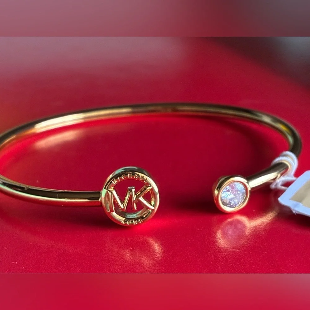 Michael Kors Gold-Tone Open Bangle Bracelet with MK Medallion - Picture 4 of 6